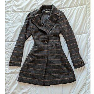 Dark Grey and Orange Plaid Coat with Gold and Black Buttons